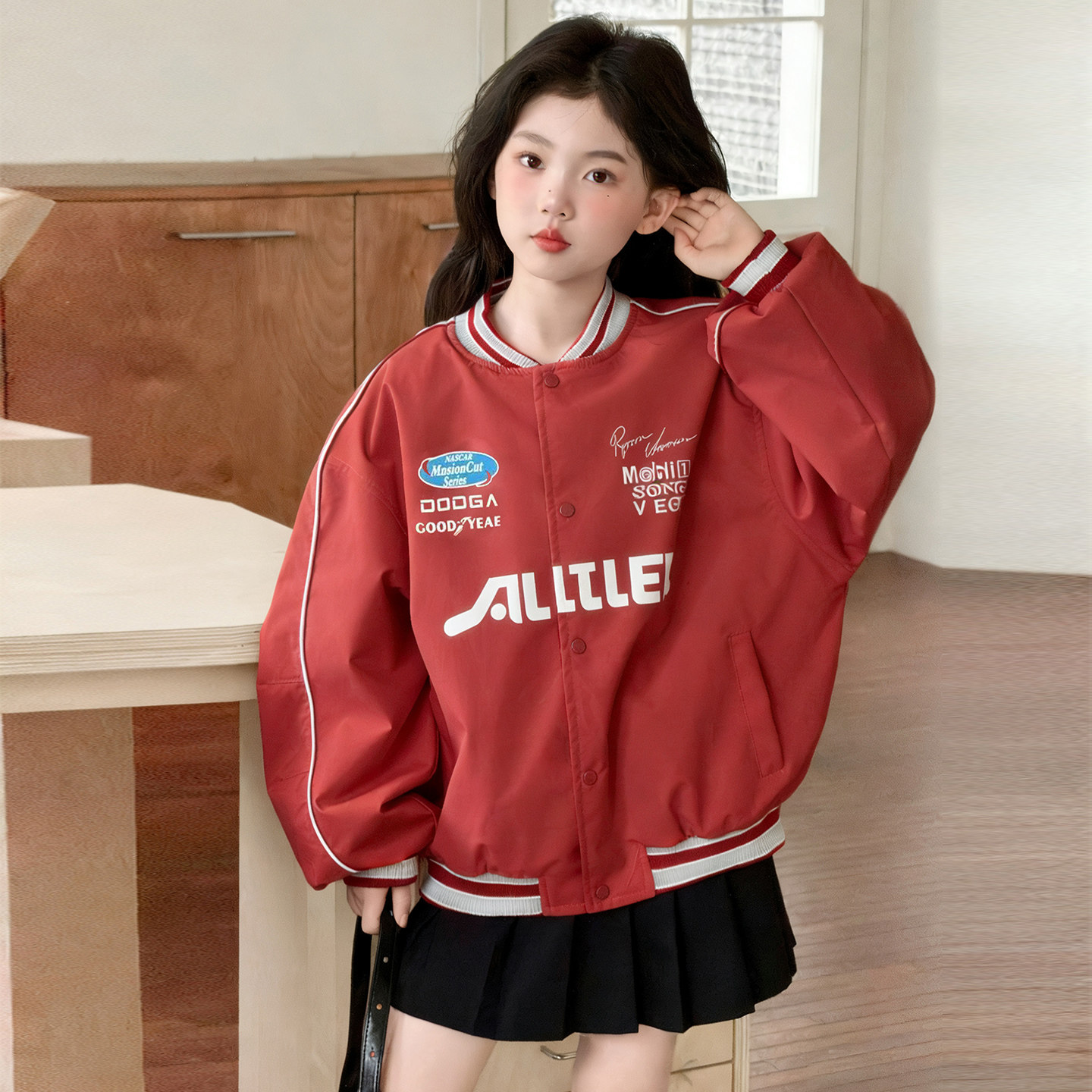 女童春秋外套2026新款中大童春天洋气棒球服女孩春款韩版红色夹克
