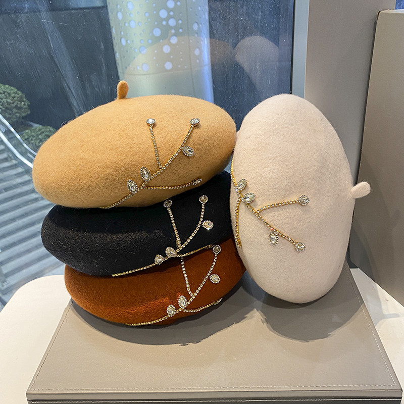 韩系时尚水钻小香风贝雷帽子女秋冬季纯羊毛保暖加厚显脸小画家帽,服饰配件/皮带/帽子/围巾,帽子,淘宝优惠券,粉丝福利购,淘宝优惠卷