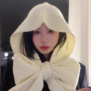冬季新款简约纯色蝴蝶结连帽围巾女款2025新款巴拉克拉法针织围脖