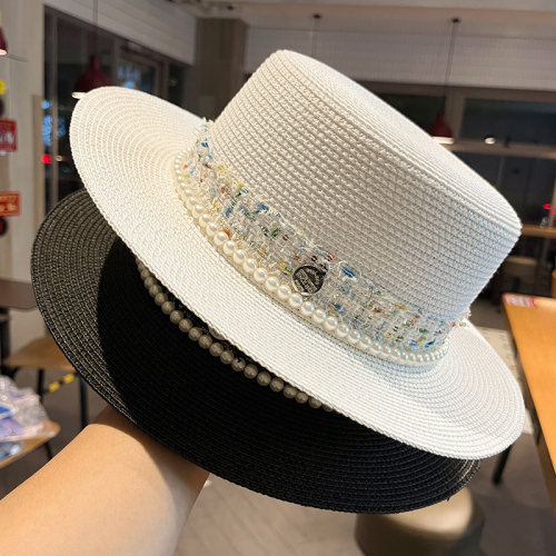 韩版小香风珍珠织带平顶礼帽女