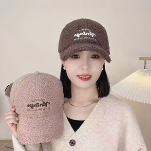 冬天毛绒保暖刺绣字母棒球帽子女款秋冬季韩系时尚显脸小鸭舌帽男
