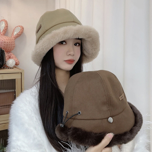 毛绒绒可挂口罩渔夫帽子女秋冬季韩版百搭大头围显脸小保暖盆帽潮