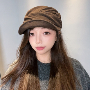 日系山本风褶皱鸭舌帽女秋冬保暖氛围感咖色马术帽时尚气质贝雷帽