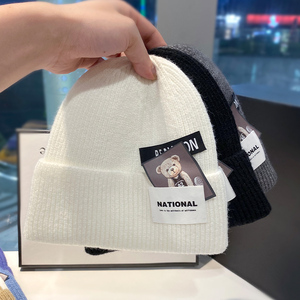 韩国ins潮流贴布小熊毛线帽女秋冬网红潮酷字母针织帽保暖冷帽男