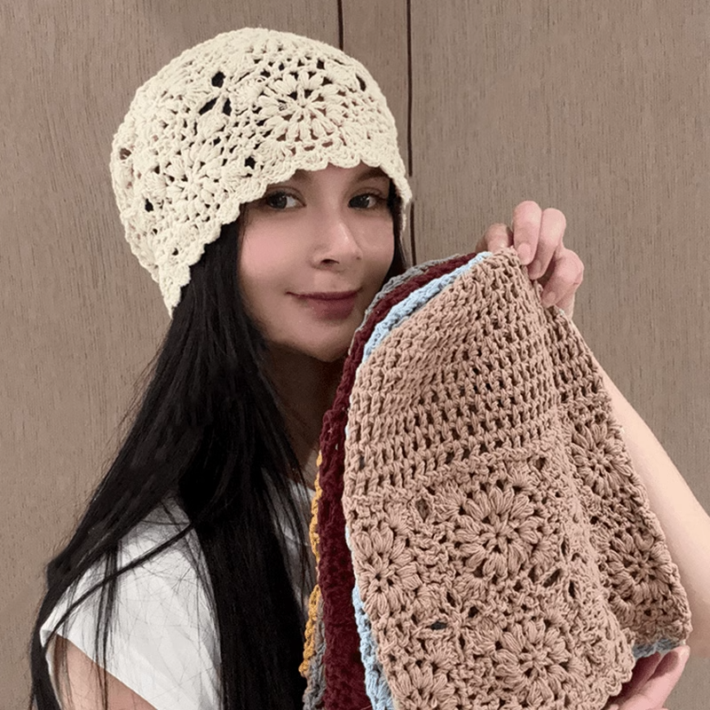 春秋薄款镂空针织包头帽子女气质优雅显脸小毛线帽时尚百搭冷帽潮