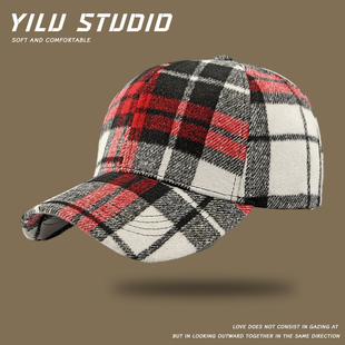 格子毛呢棒球帽子女冬季保暖户外硬顶百搭鸭舌帽子男中老年爸爸帽