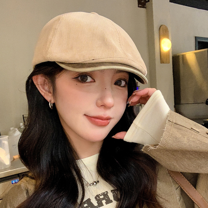 英伦复古灯芯绒鸭舌帽子女显脸小百搭贝雷帽休闲百搭反戴前进帽男