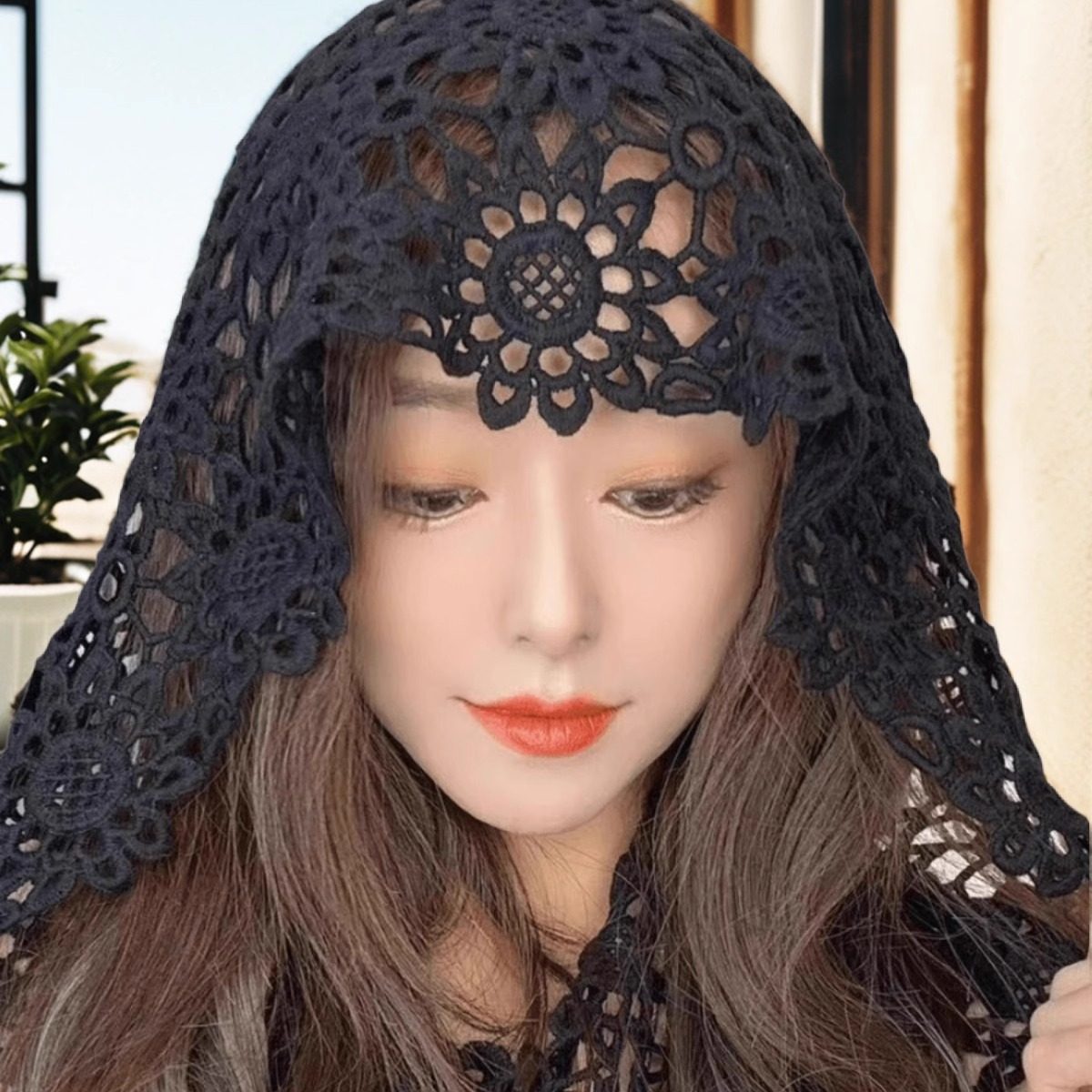 民族风镂空针织帽子女夏季薄款透气披肩一体帽子显脸小气质包头帽