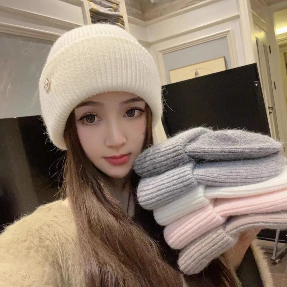 韩版时尚M标兔毛毛线帽女秋冬季加厚保暖护耳针织帽子女套头冷帽