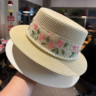 夏季 气质优雅遮阳帽草编礼帽 珍珠蕾丝织带平顶草帽女2026新款 法式