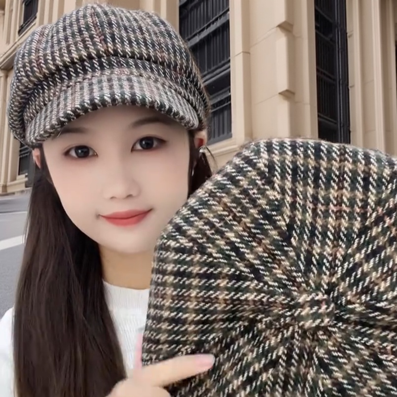 英伦复古小众格纹八角报童帽子女
