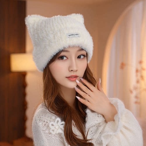 日系可爱卡通猫耳朵毛绒针织帽女