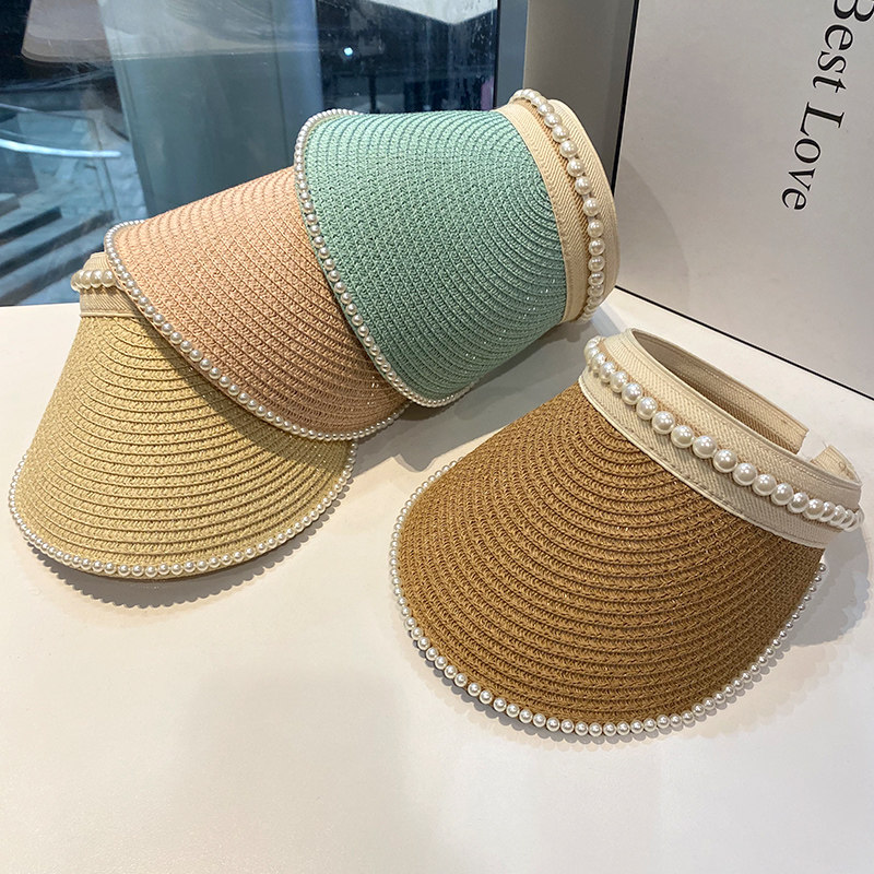 韩版空顶大檐草帽女春夏季新款铆钉珍珠发箍帽户外出游防晒遮阳帽
