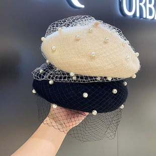 网纱贝雷帽女秋冬季韩版百搭羊毛呢蓓蕾帽英伦冬天复古画家帽子潮