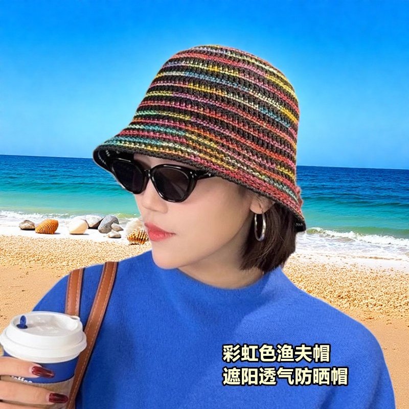 多巴胺遮阳帽子女夏季新款日系镂空针织水桶帽防晒防紫外线渔夫帽