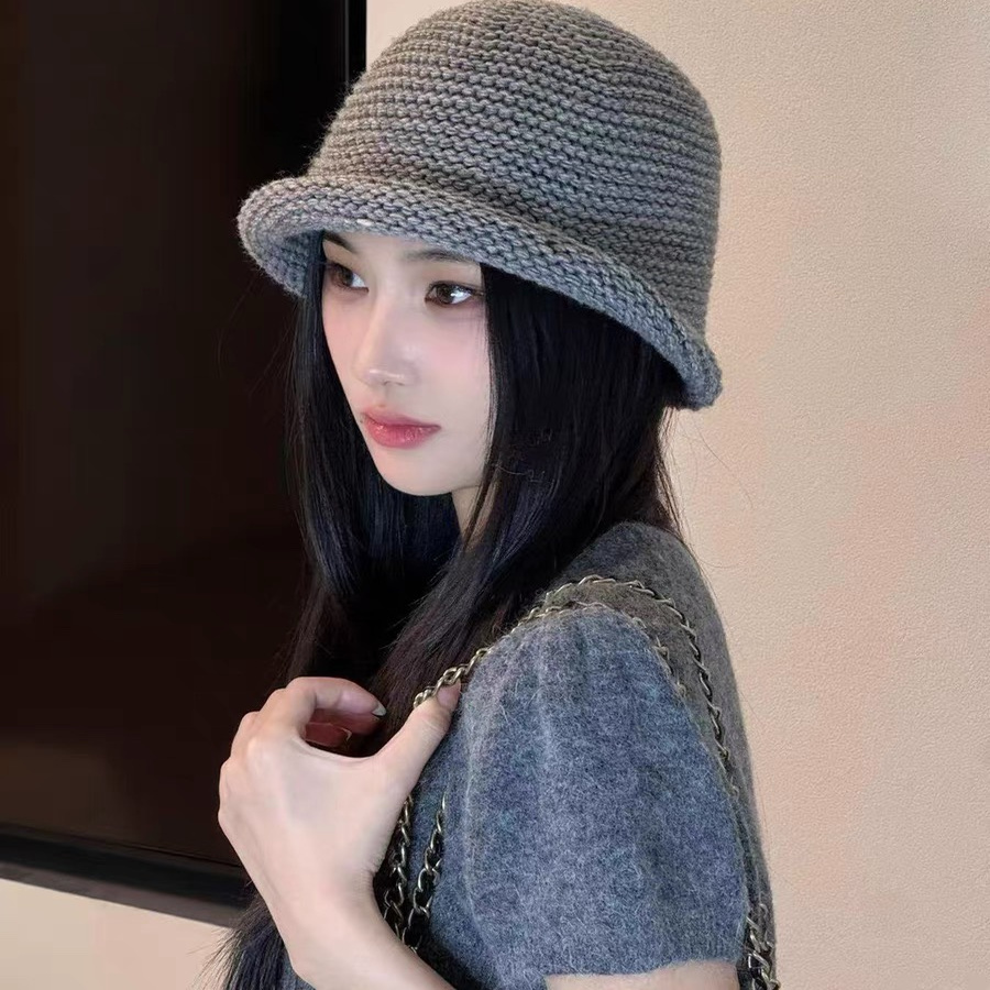 日系简约纯色素颜针织帽子女款2025新款时尚卷边氛围感显脸小盆帽