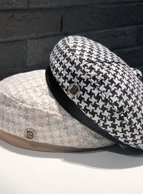 帽子女英伦复古贝雷帽韩版潮百搭菱格复古皮边B字母标画家帽青年