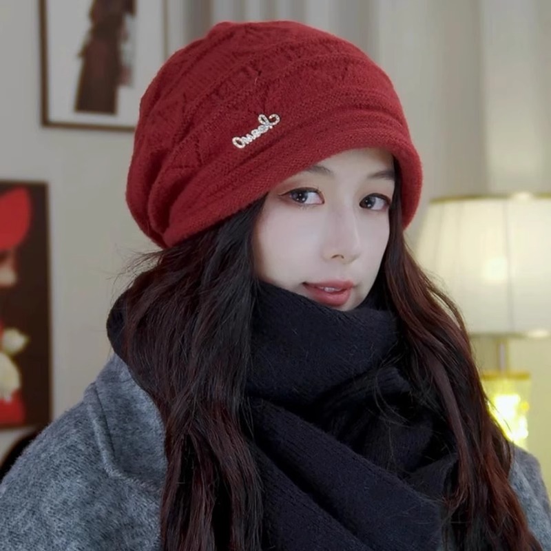 百搭显脸小卷边针织堆堆帽女冬季