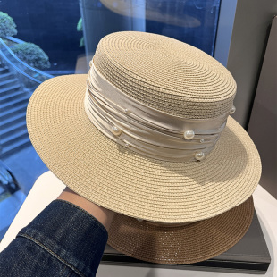 法式 户外沙滩度假优雅防紫外线防晒太阳帽 珍珠丝带平顶草帽女夏季