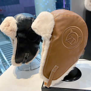 帽子女冬季雷锋帽女秋冬毛绒保暖PU皮质护耳帽户外滑雪飞行帽潮男