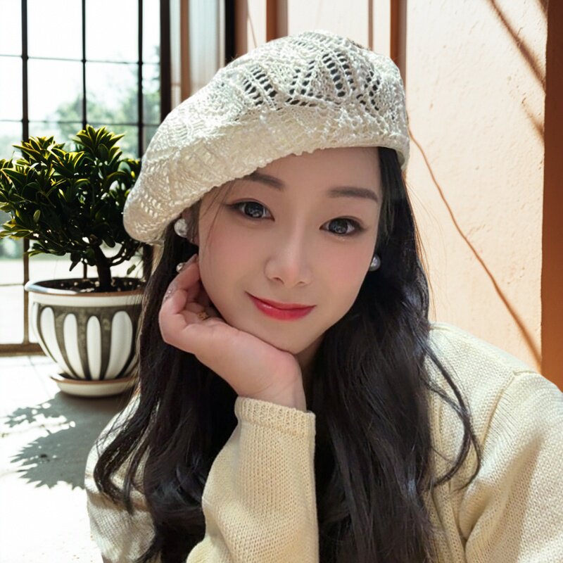 韩版气质镂空针织贝雷帽女春夏季薄款透气画家帽百搭显脸小蓓蕾帽
