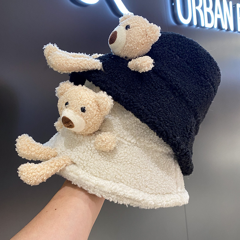 可爱韩版潮小熊羊羔绒水桶帽子