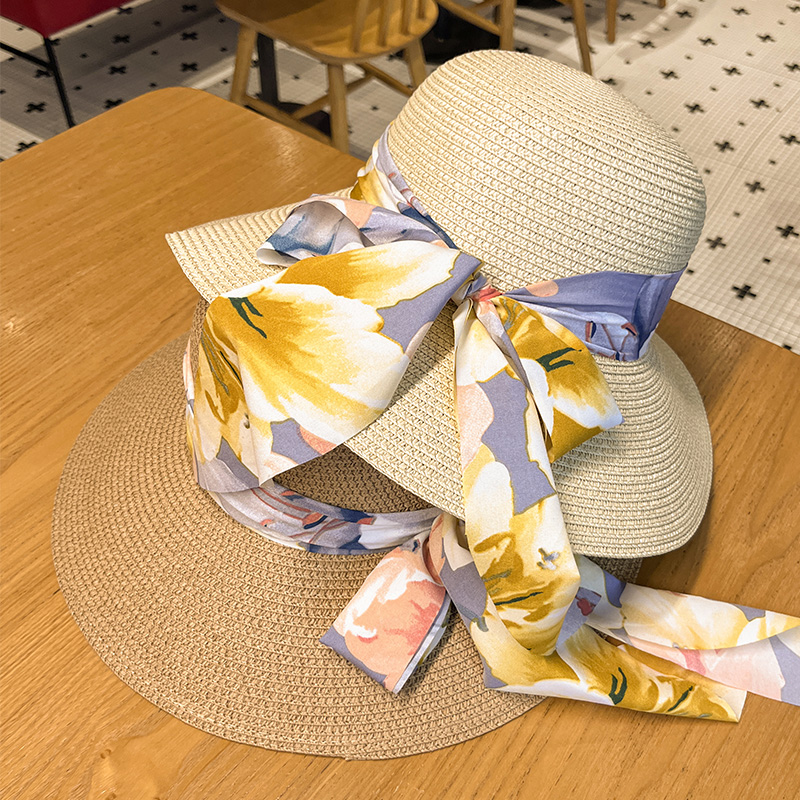 女士草帽女时尚蝴蝶结飘带遮阳帽