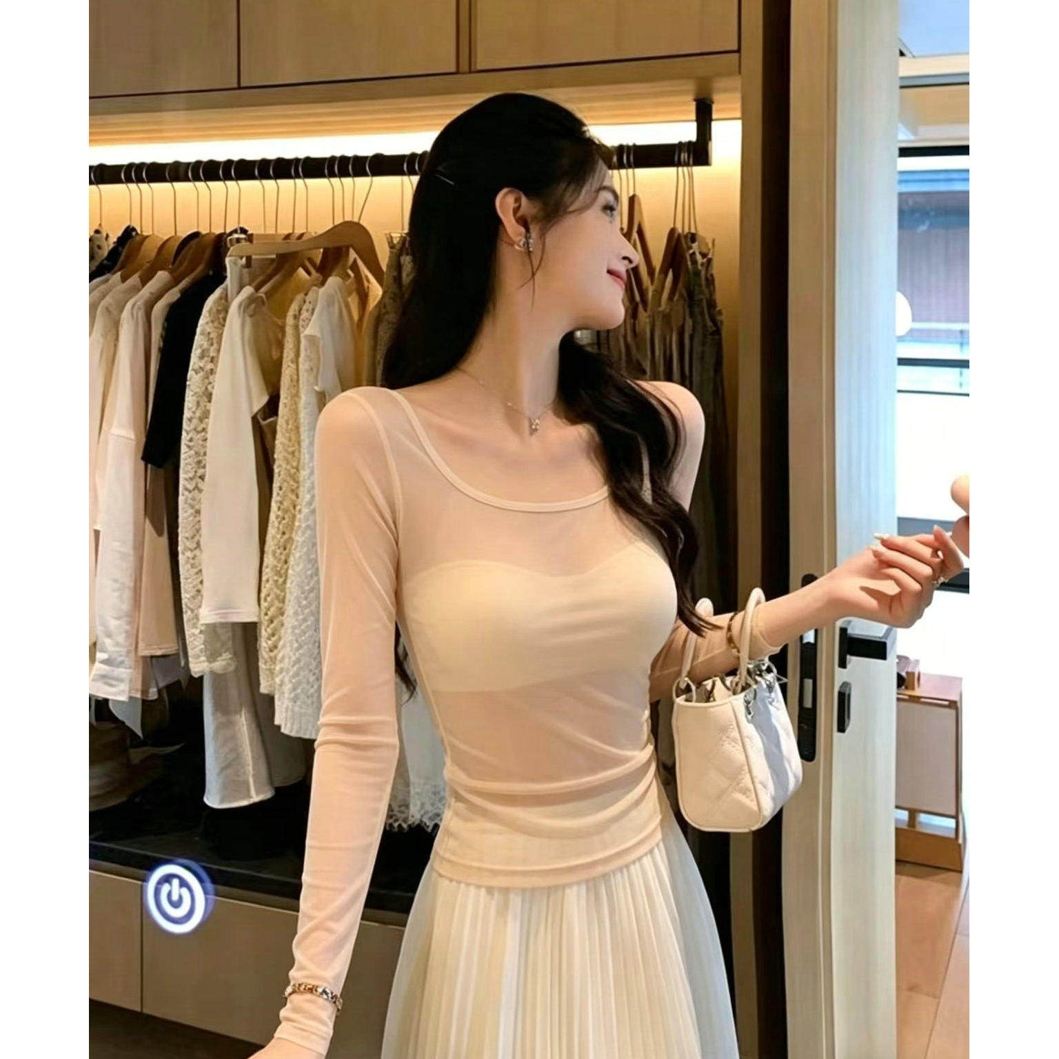 女肤色网纱打底衫超薄长袖防脱丝舞蹈内塔低领透明上衣春秋款修身