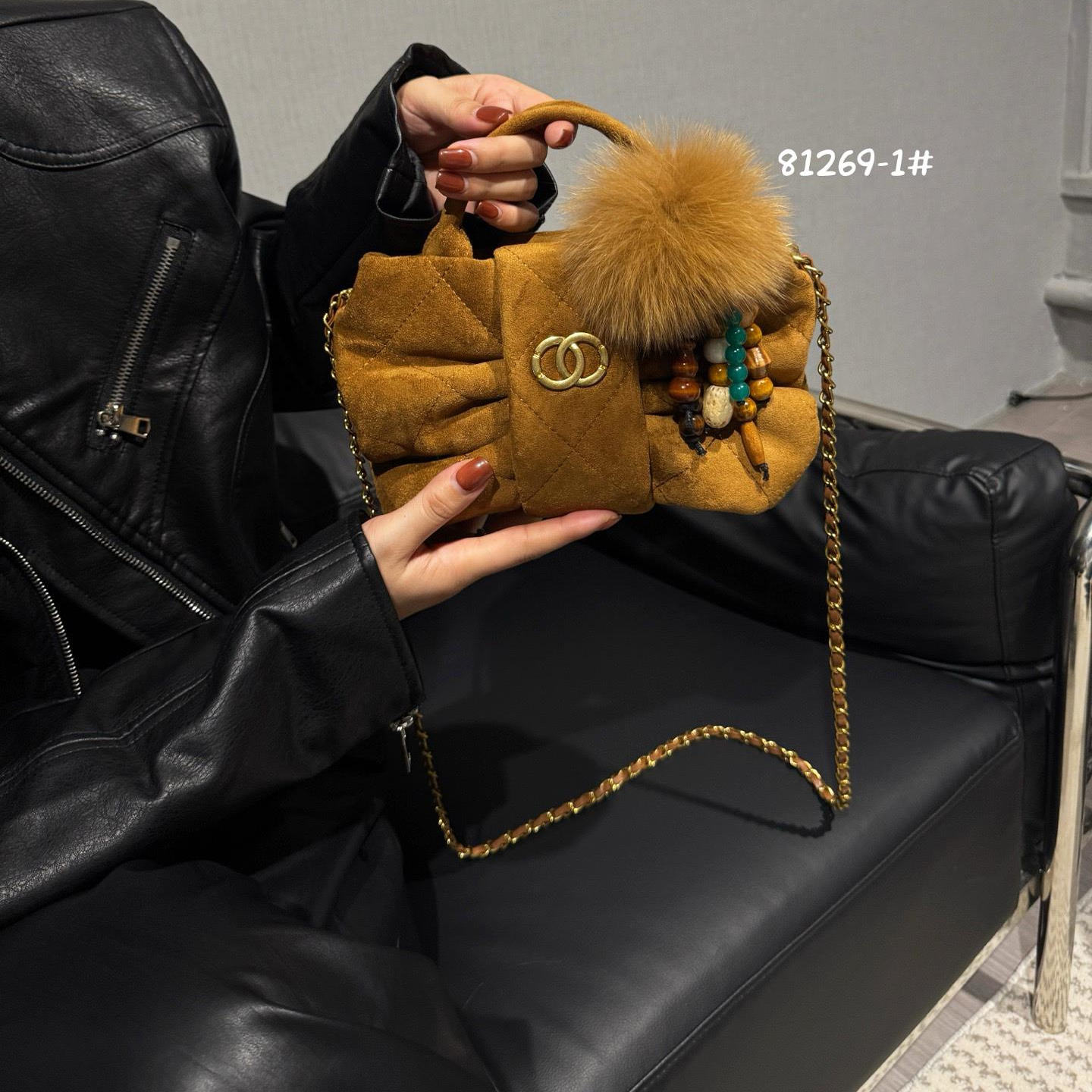 小香风蝴蝶结包包女秋冬新款高级感复古麂皮手拎包中古链条斜挎包