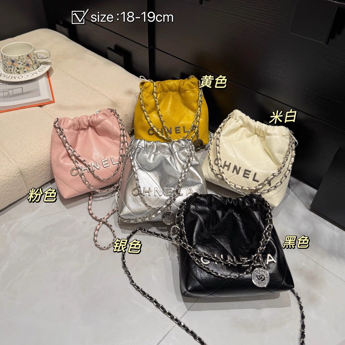 小香风银色垃圾袋包包女高级感真皮小众链条包精致斜挎包小水桶包