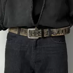 Murakami Haruki Taichi Distressed Leather Belt Genuine Cowhide 36-Hole Top Grain Leather Peeling Belt