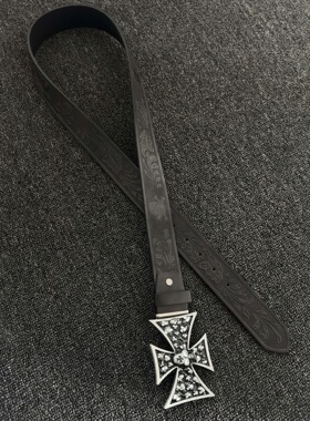 erd暗黑哥特风十字架铆钉皮带男女复古雕花金属扣头黑色潮流腰带