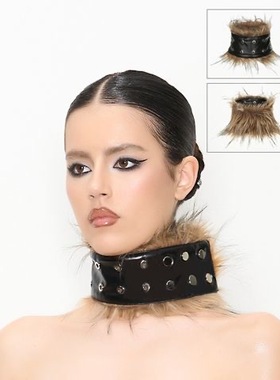 NOLA 小众朋克金属铆钉皮质宽choker拼接皮草毛毛脖套臂环单品