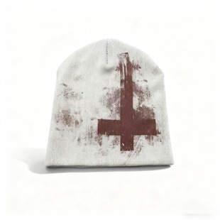 小众 欧美红色十字架印花冷帽针织帽男女通用毛线帽子街头潮流