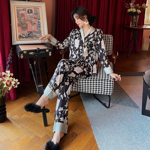 高级感气质冰丝绸缎睡衣女春秋季时尚网红薄款轻奢长袖家居服套装