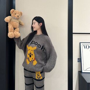 可爱卡通半边绒睡衣女款秋冬季新款加厚保暖珊瑚绒家居服可外穿