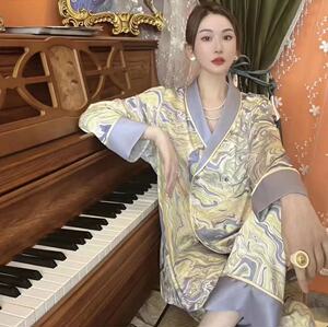 高级感2022时尚设计爆款秋季家居服女缎面仿真丝薄款睡衣女可外穿