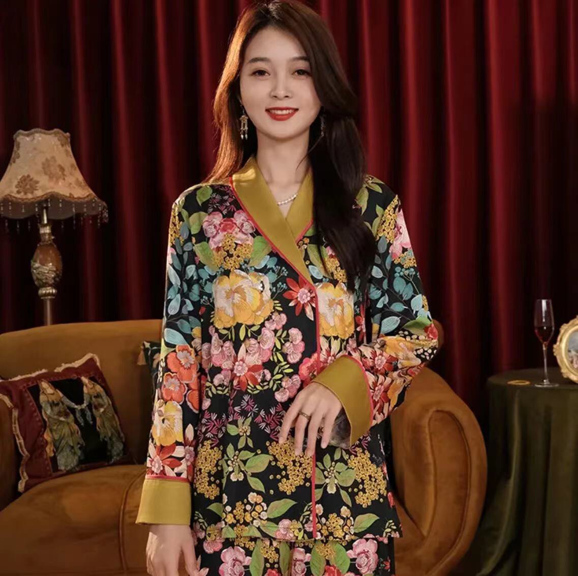 春秋仿真丝睡衣女长袖长裤高级感青果领宽松双排扣薄款舒适家居服