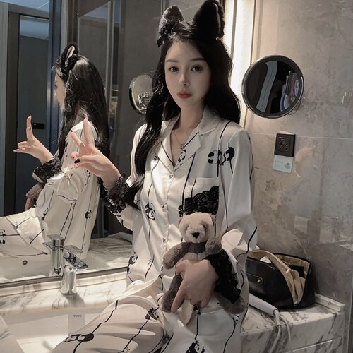 春季家居服高级冰丝感熊猫风凉女
