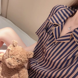 套装 法式 宽松仿真丝开衫 大领冰丝睡衣女春夏秋条纹家居服短袖 长袖