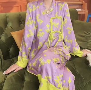 新款高级中式薄款冰丝女睡衣紫色轻奢复古风家居服长袖套装仿真丝