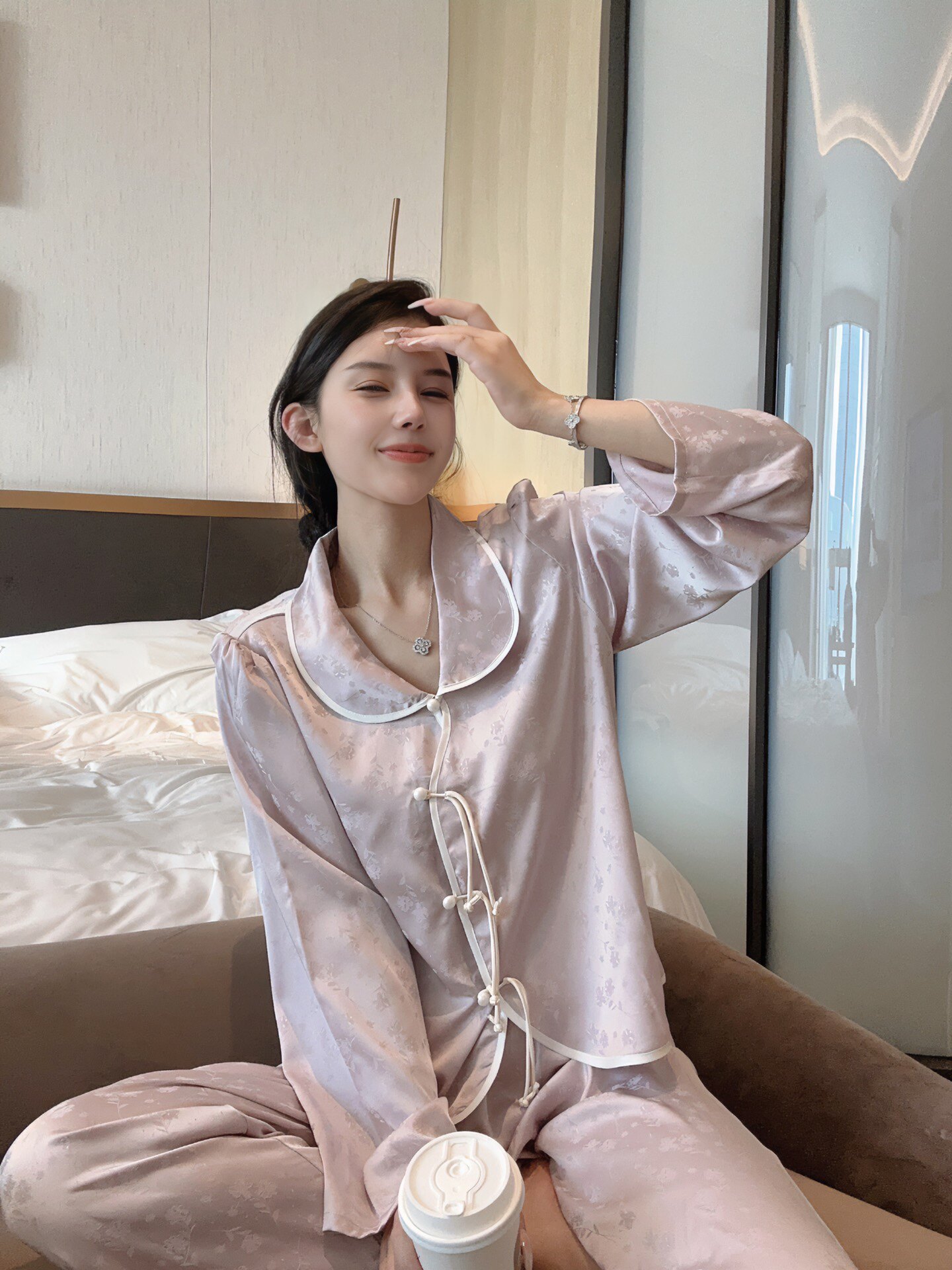 睡衣女秋复古中国风汉服长袖长裤提花丝绸娃娃领甜美家居服可外穿