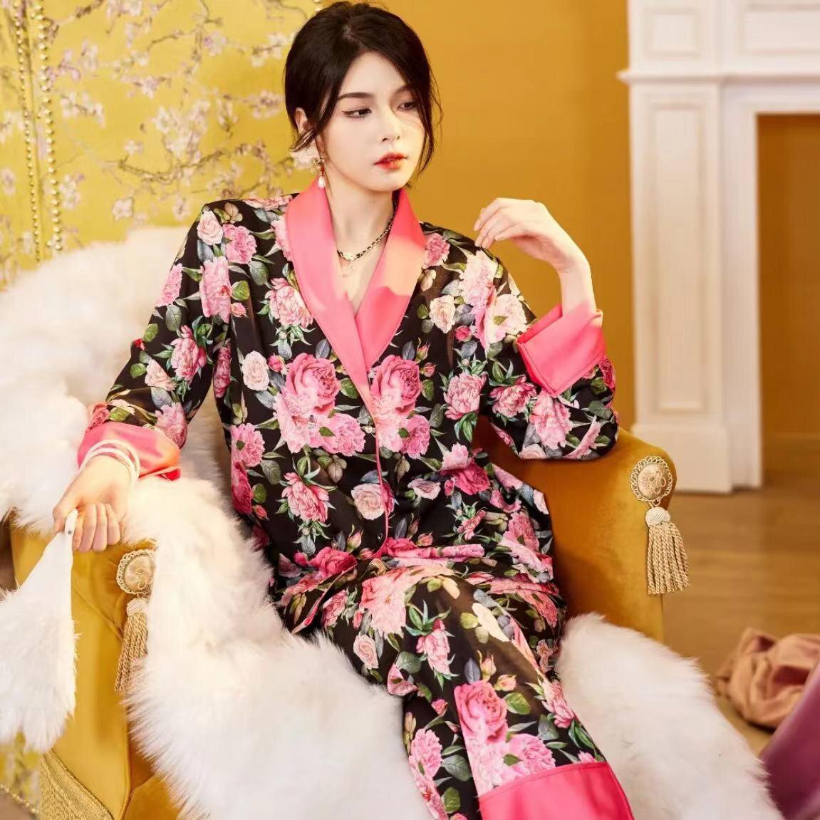 达芬奇密码春夏爆款仿真丝缎面提花长袖睡衣套装女可外穿家居服女