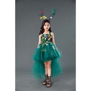 圣诞节儿童服装女童礼服绿色森系公主蓬蓬连衣裙小女孩舞会演出服