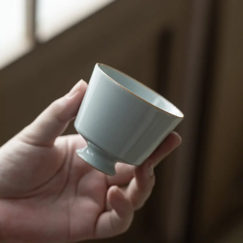 观岚汝窑主人杯陶瓷高脚茶杯功夫茶具手工冰裂釉品茗杯天青色茶盏