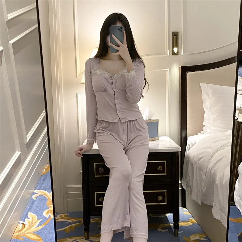 睡衣女新款长袖纯欲法式春秋带胸垫休闲修身家可外穿居服套