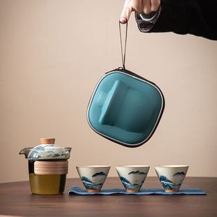 简约户外便携包商务礼品陶瓷批发 手绘旅行茶具1壶3杯哥窑功夫套装