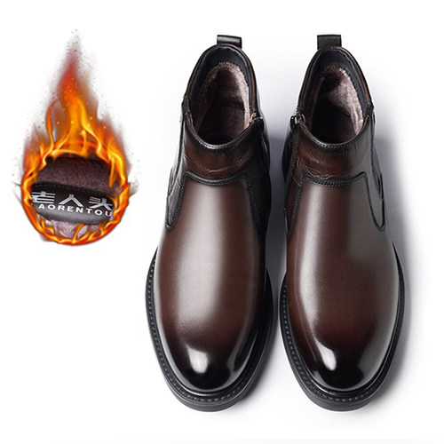 老人头皮毛一体男鞋冬马丁靴牛皮真皮工装靴厚底加绒加厚高帮棉鞋