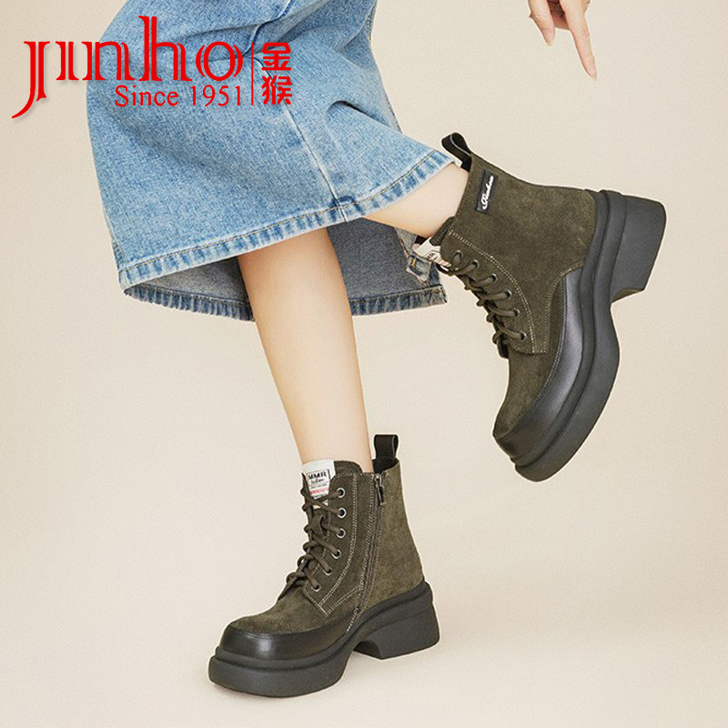 金猴绿色马丁靴女靴加绒 真皮软底增高6cm粗跟圆头短靴舒服妈妈鞋,女鞋,马丁靴,淘宝优惠券,粉丝福利购,淘宝优惠卷