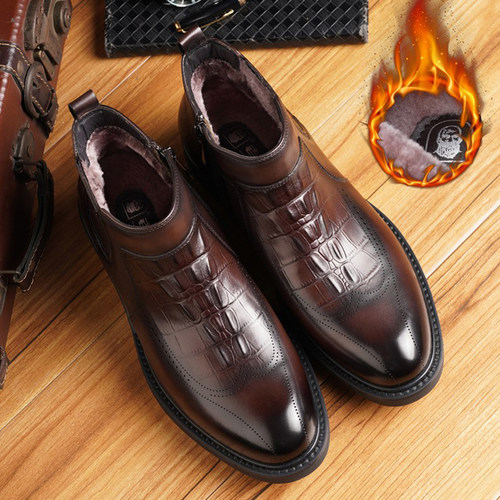 老人头皮毛一体男鞋冬 加厚加绒中老年父亲真皮大棉鞋高帮马丁靴